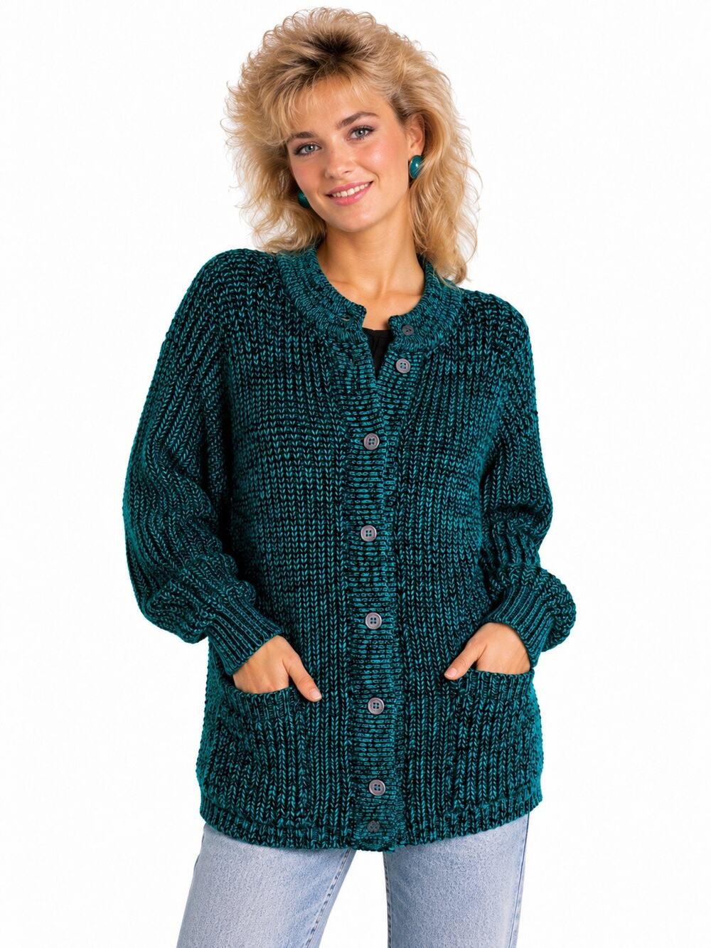1990s Evian LTD Marled Knit Cardigan Sweater Teal Black Pocketed NWT Medium